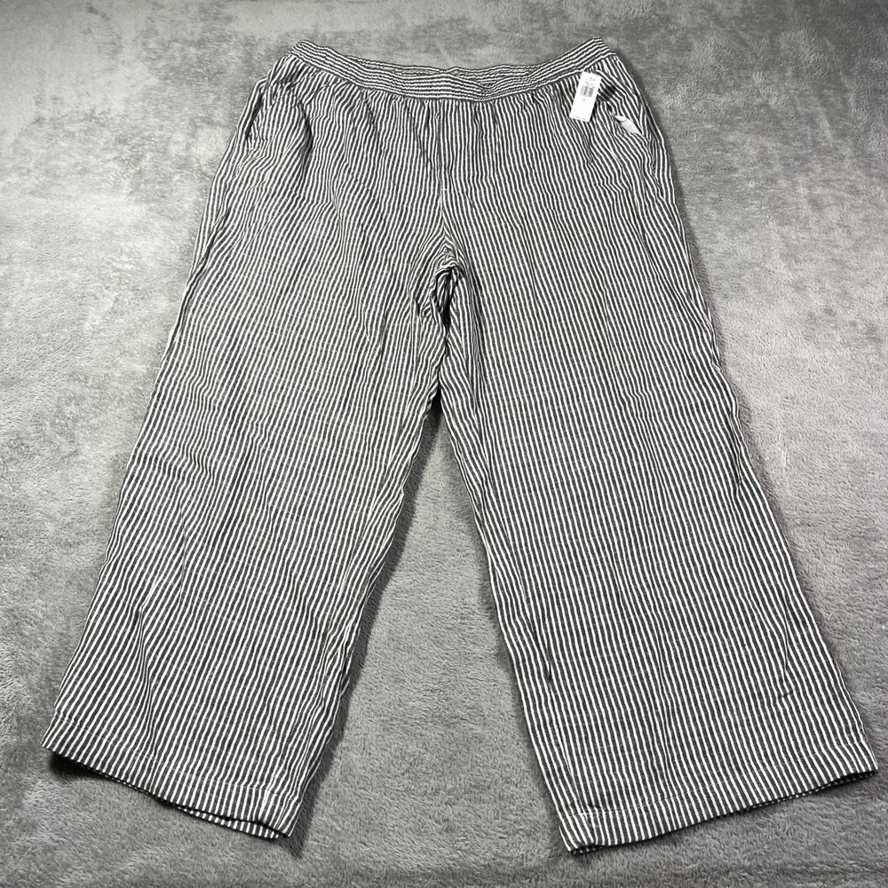 Old Navy Linen Pants Women's XL Gray Wide Leg Crop Striped High Rise‎ Stretch